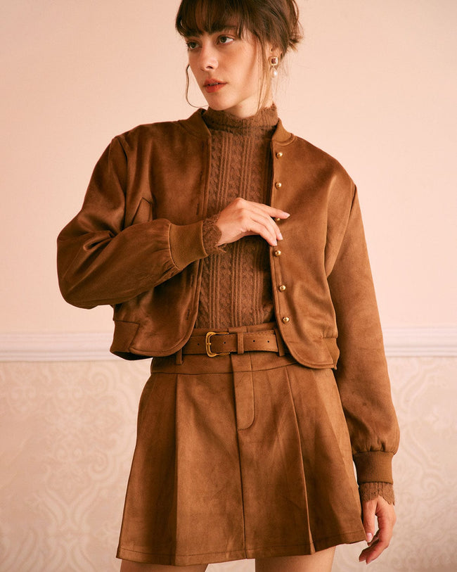 Rihoas High Waisted Suede Mini Skirt for Women Brown M