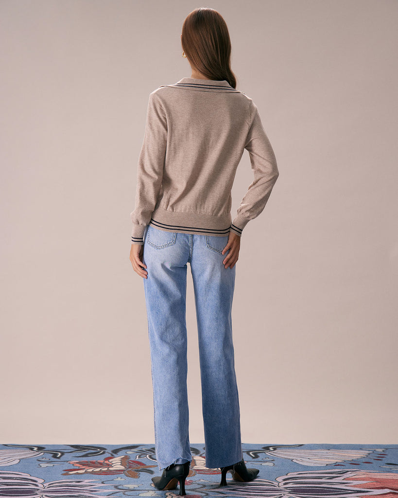 The Khaki Collared Contrasting Knit Top Tops - RIHOAS