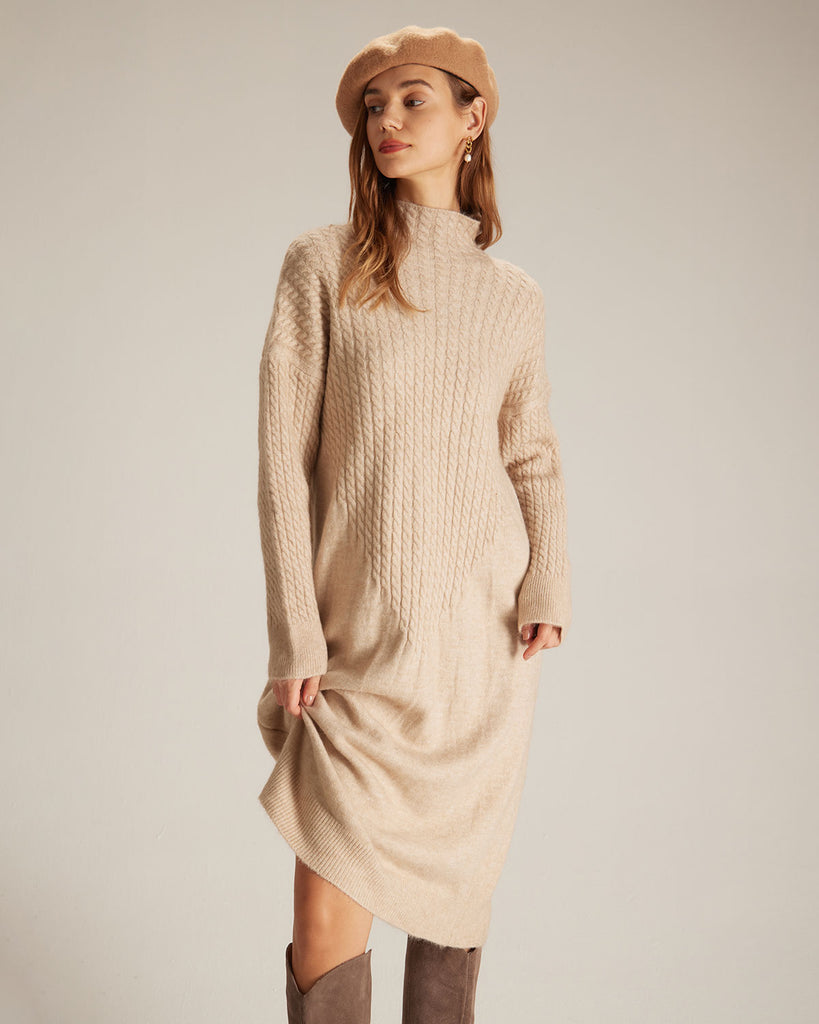 The Khaki Crew-Neck Knit Dress Dresses - RIHOAS