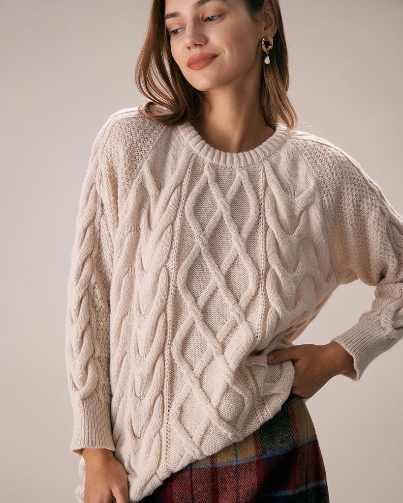 The Khaki Crew Neck Pullover Sweater Apricot Tops - RIHOAS