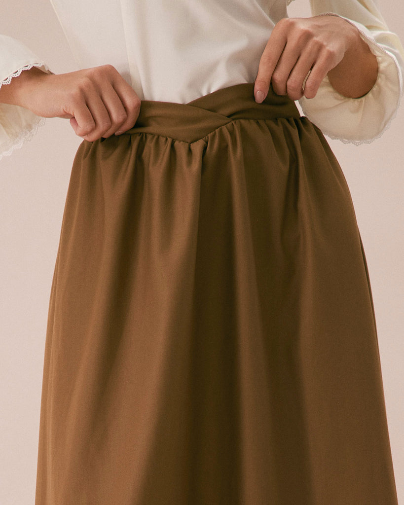 The Khaki Elastic Waist Solid Midi Skirt Bottoms - RIHOAS