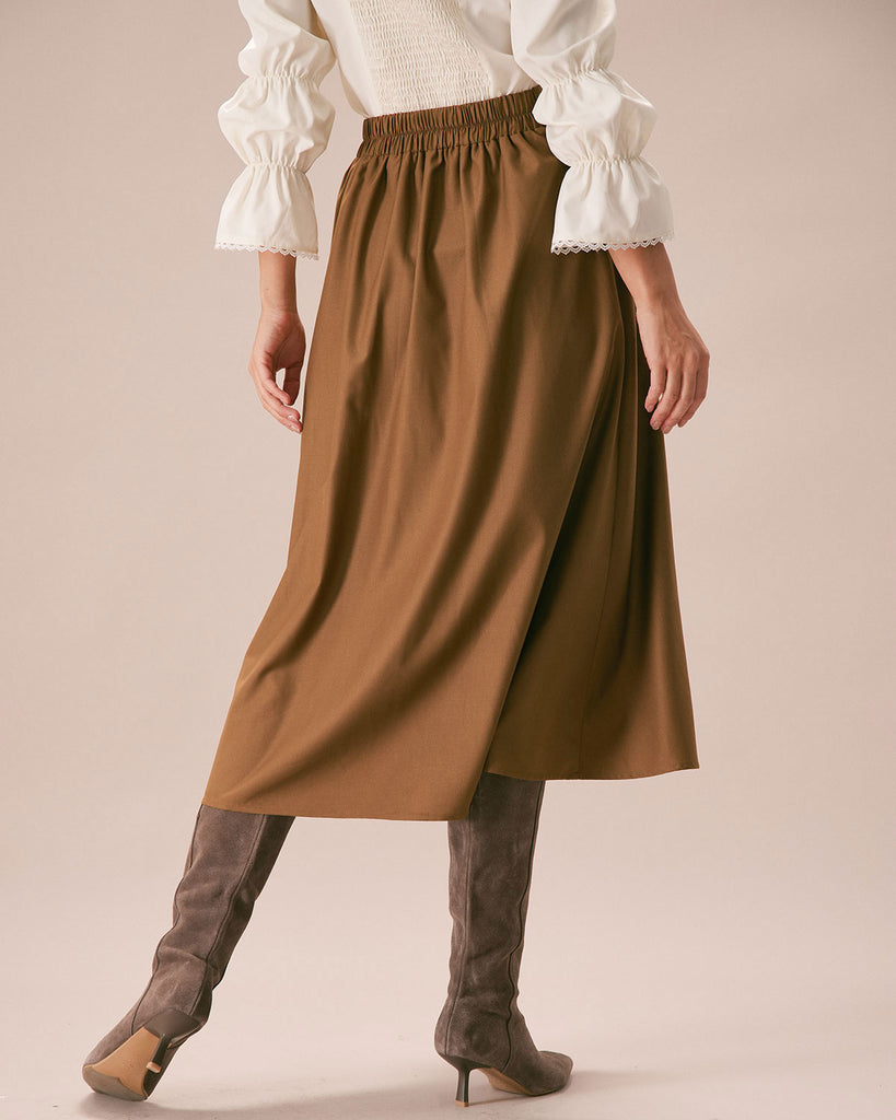 The Khaki Elastic Waist Solid Midi Skirt Bottoms - RIHOAS