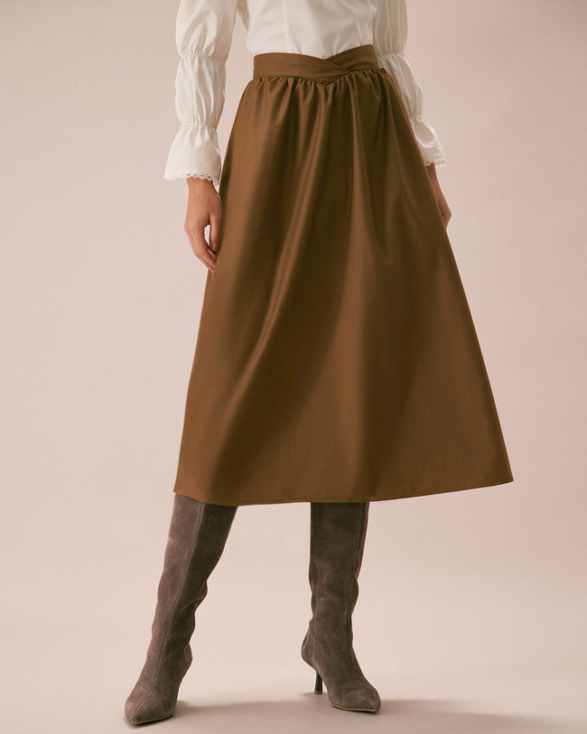 Rihoas High Waisted Pleated Midi Skirt for Women Khaki M