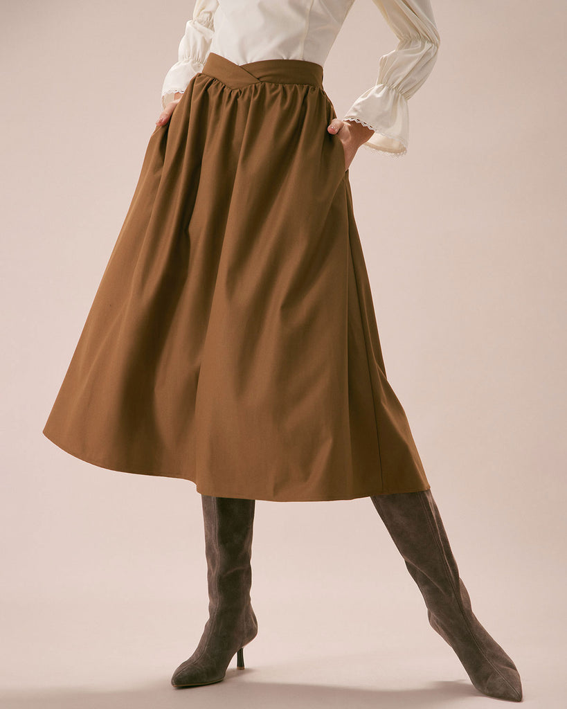 The Khaki Elastic Waist Solid Midi Skirt Khaki Bottoms - RIHOAS