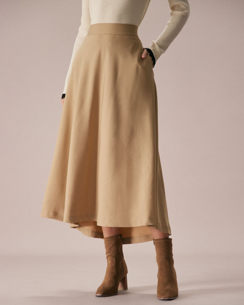 The Khaki High Waisted Solid Midi Skirt Khaki Bottoms - RIHOAS