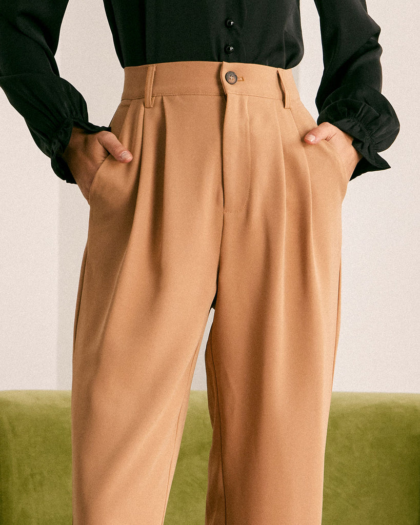 The Khaki Pleated Solid Tapered Pants Bottoms - RIHOAS