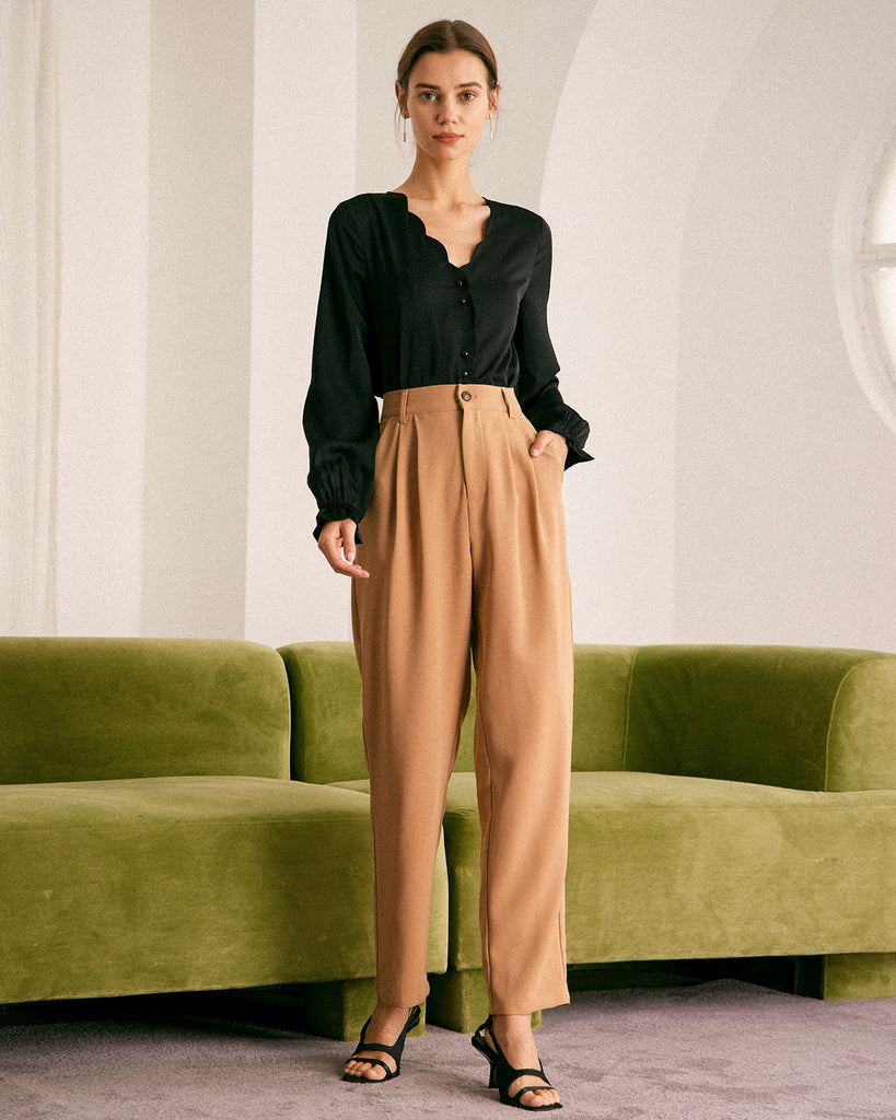 The Khaki Pleated Solid Tapered Pants Bottoms - RIHOAS