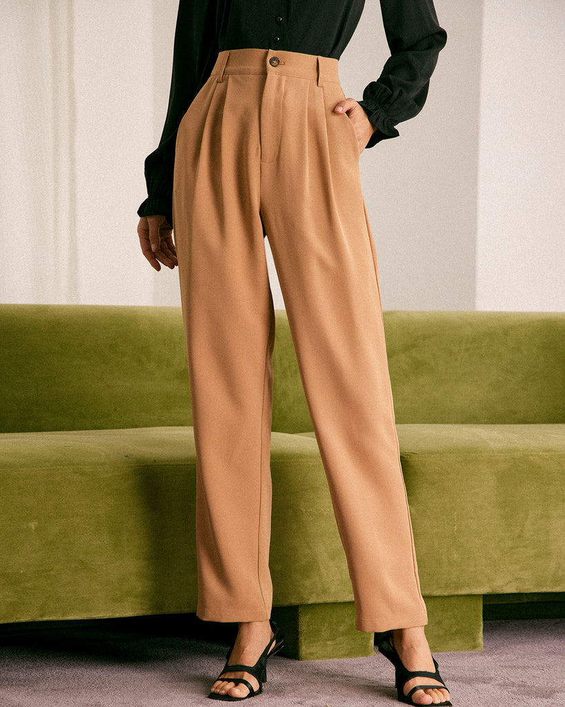 The Khaki Pleated Solid Tapered Pants Khaki Bottoms - RIHOAS