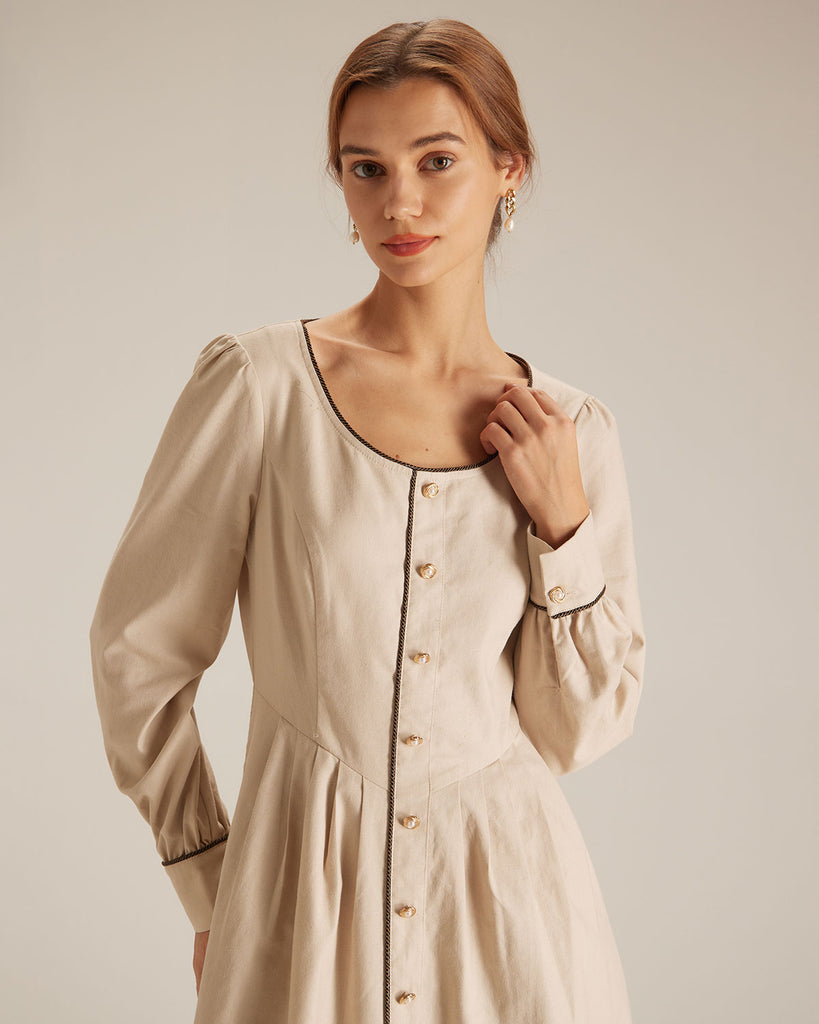 The Khaki Round Neck Single-breasted Midi Dress Dresses - RIHOAS