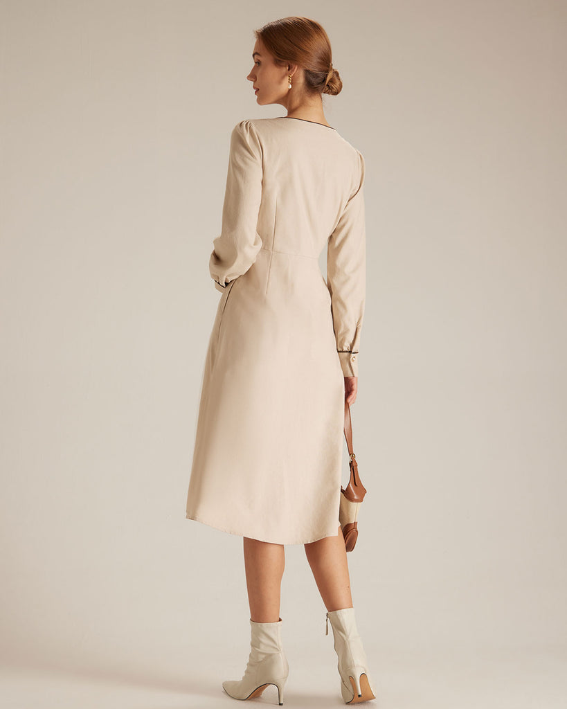 The Khaki Round Neck Single-breasted Midi Dress Dresses - RIHOAS