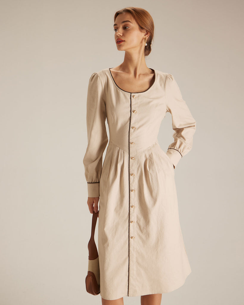 The Khaki Round Neck Single-breasted Midi Dress Dresses - RIHOAS