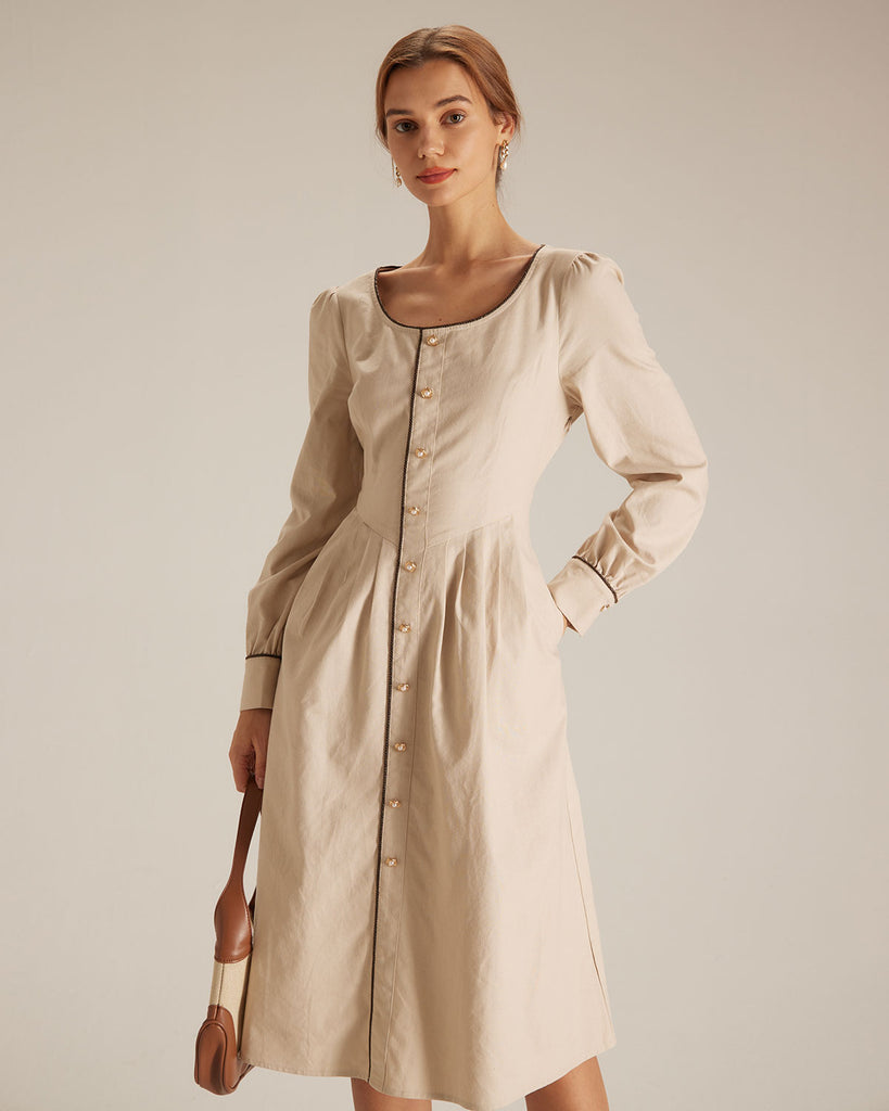 The Khaki Round Neck Single-breasted Midi Dress Dresses - RIHOAS