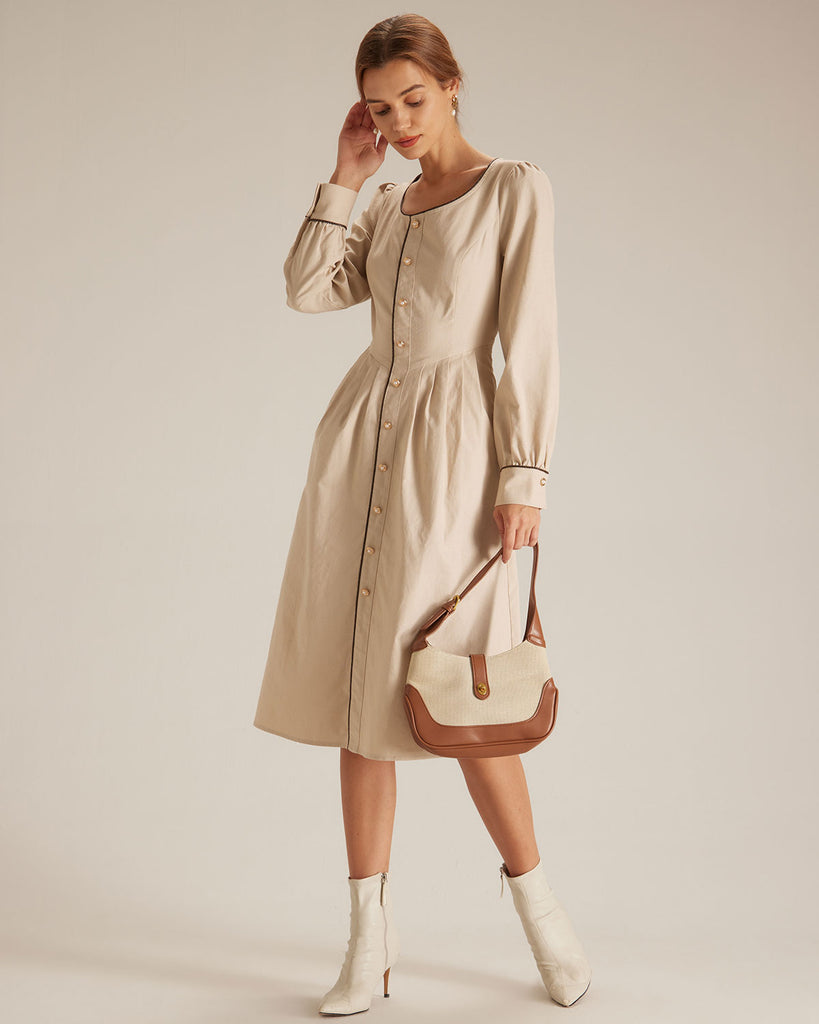 The Khaki Round Neck Single-breasted Midi Dress Dresses - RIHOAS
