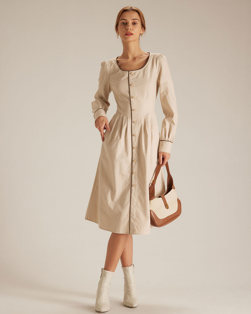 The Khaki Round Neck Single-breasted Midi Dress Khaki Dresses - RIHOAS