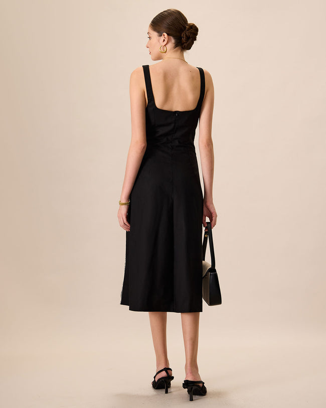 The Black Square Neck Contrast Midi Dress & Reviews - Black