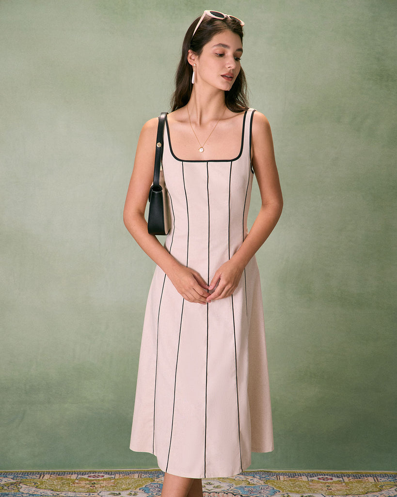 The Khaki Square Neck Contrast Midi Dress Dresses - RIHOAS