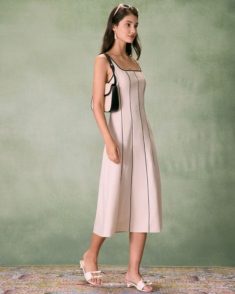 The Khaki Square Neck Contrast Midi Dress Dresses - RIHOAS