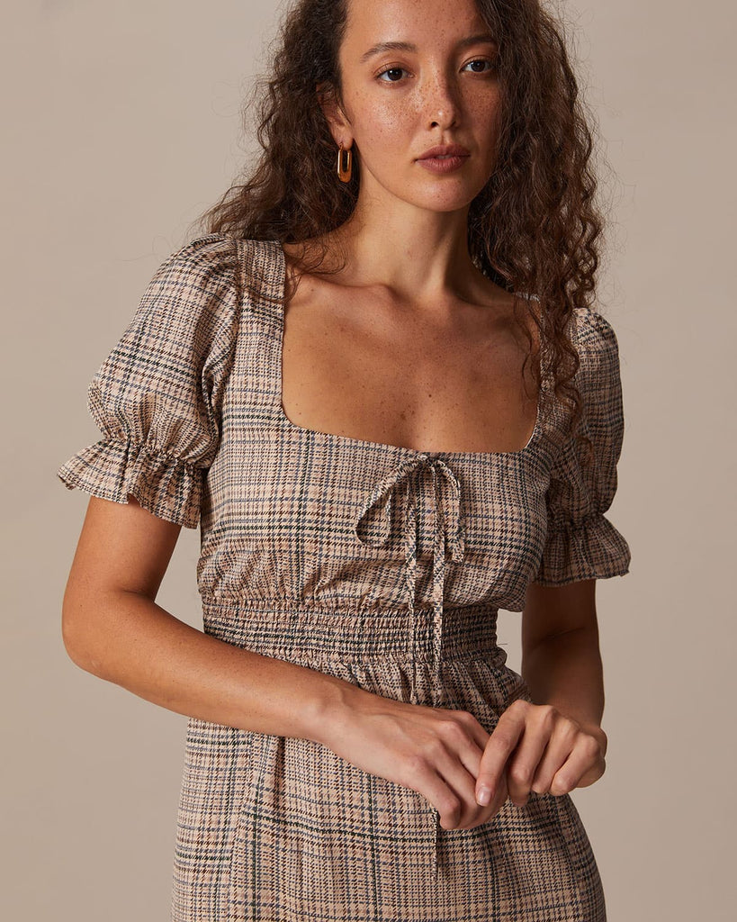 The Khaki Square Neck Houndstooth Mini Dress Dresses - RIHOAS