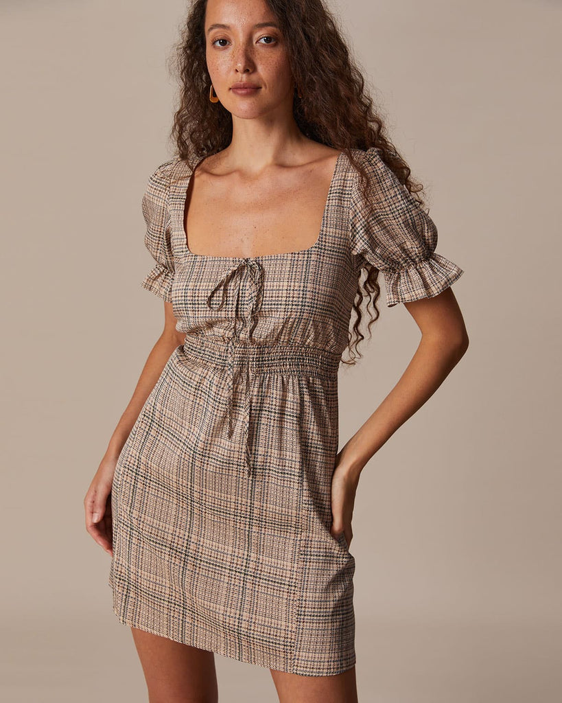 The Khaki Square Neck Houndstooth Mini Dress Dresses - RIHOAS
