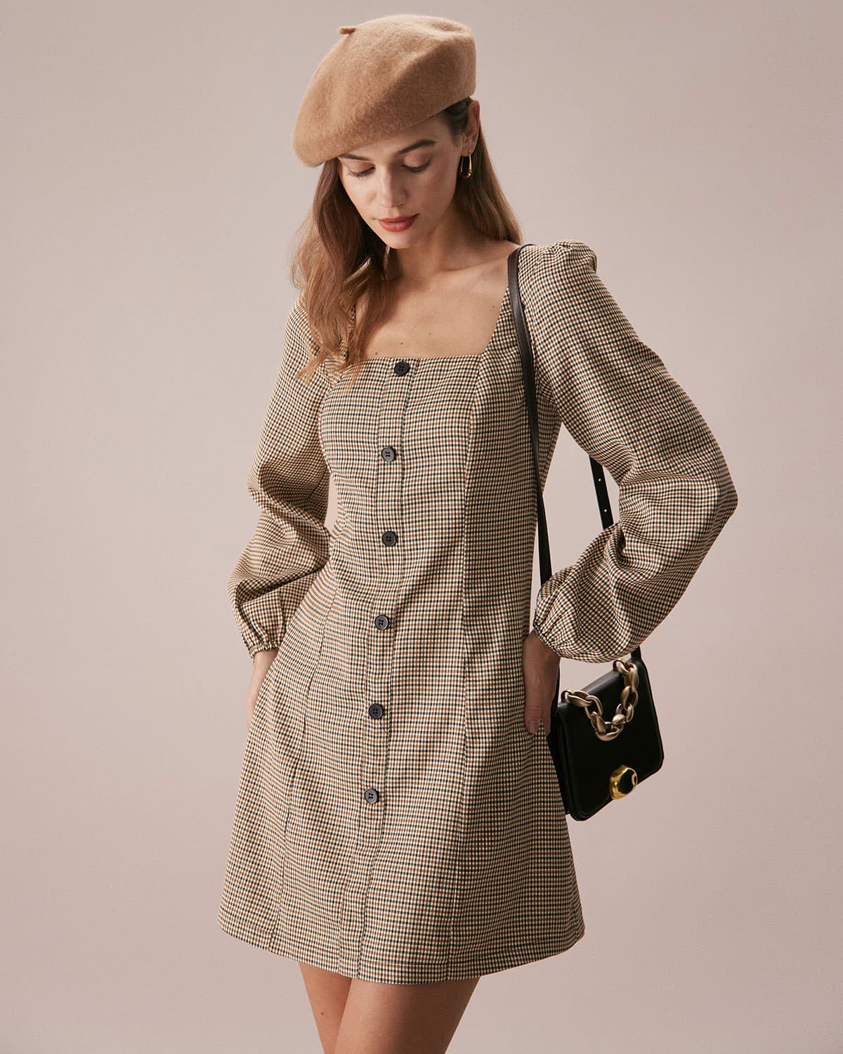 khaki dress dresses The Khaki Square Neck Plaid Button Mini Dress & Reviews - Khaki - Dresses