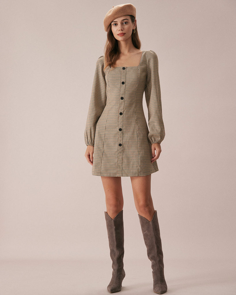 The Khaki Square Neck Plaid Button Mini Dress & Reviews