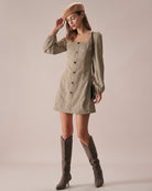 The Khaki Square Neck Plaid Mini Dress Dresses - RIHOAS