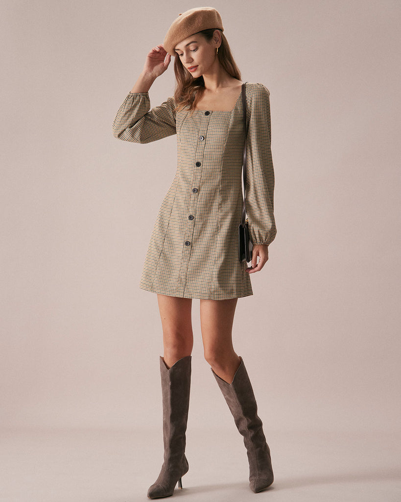 The Khaki Square Neck Plaid Button Mini Dress & Reviews