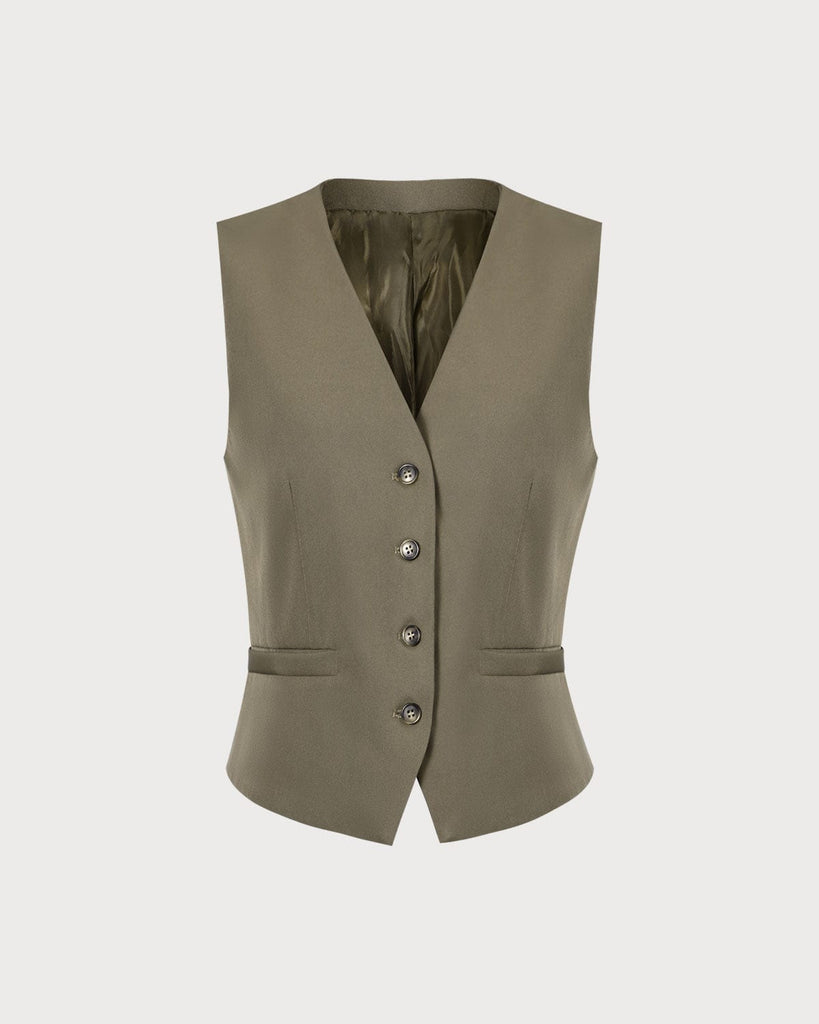 The Khaki V-Neck Button Up Vest Khaki Tops - RIHOAS