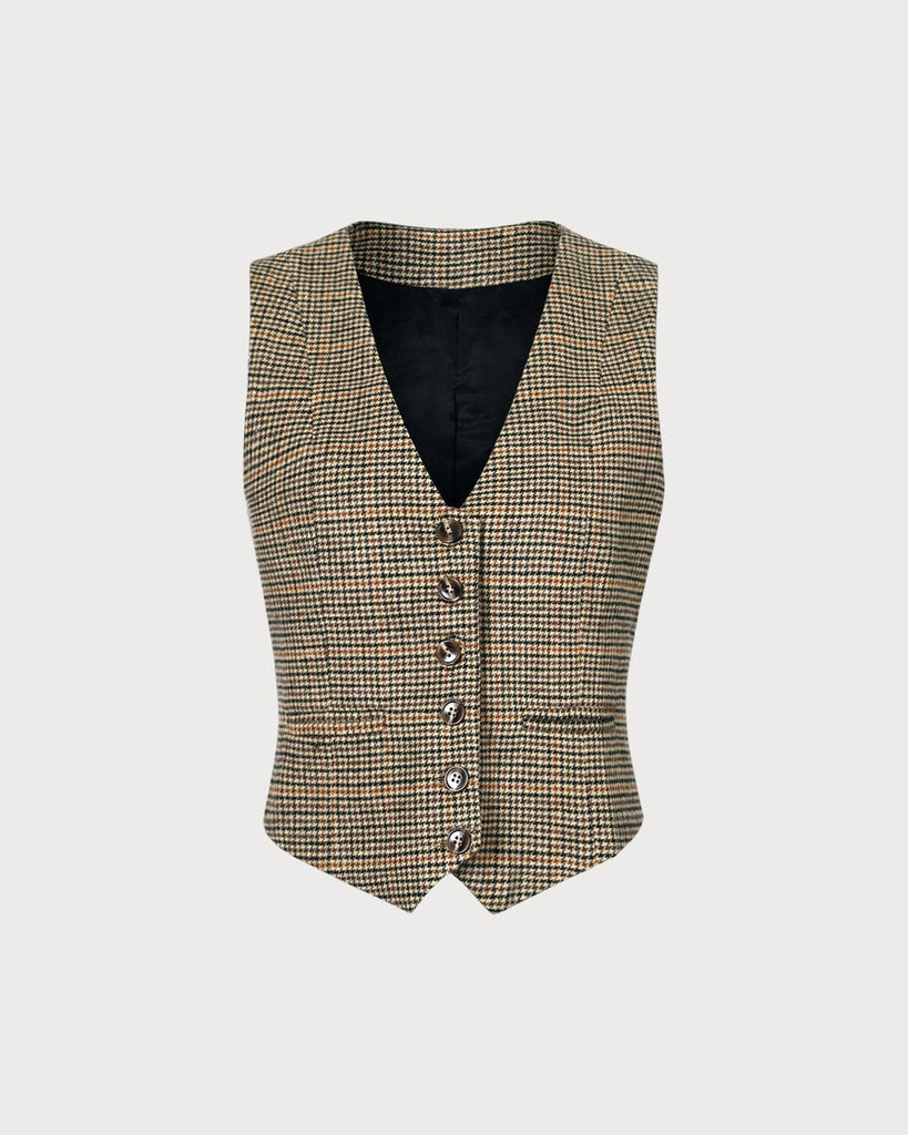The Khaki V-Neck Houndstooth Vest Khaki Tops - RIHOAS