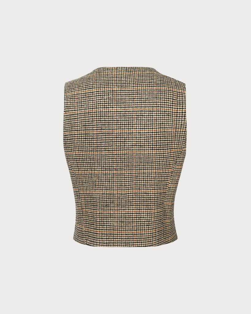 The Khaki V-Neck Houndstooth Vest Tops - RIHOAS
