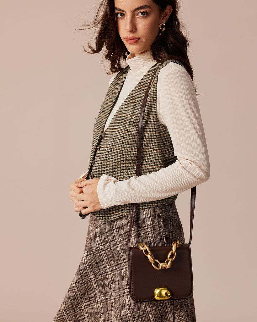 The Khaki V-Neck Houndstooth Vest Tops - RIHOAS