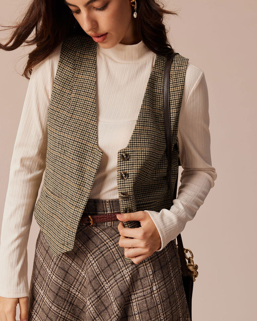 The Khaki V-Neck Houndstooth Vest Tops - RIHOAS