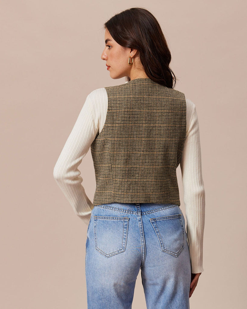 The Khaki V-Neck Houndstooth Vest Tops - RIHOAS