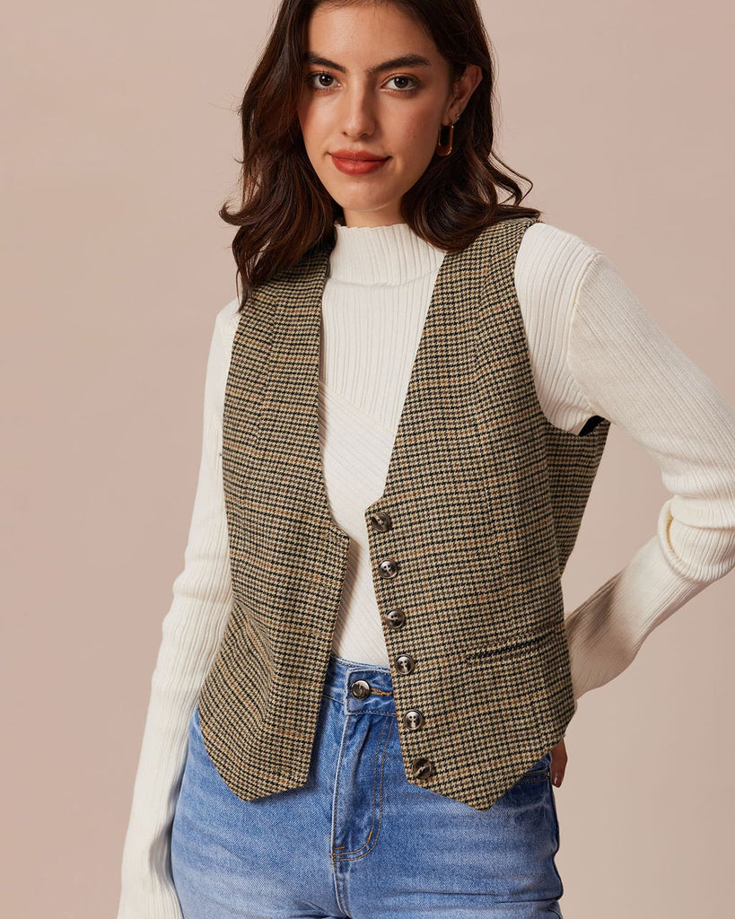 The Khaki V-Neck Houndstooth Vest Tops - RIHOAS