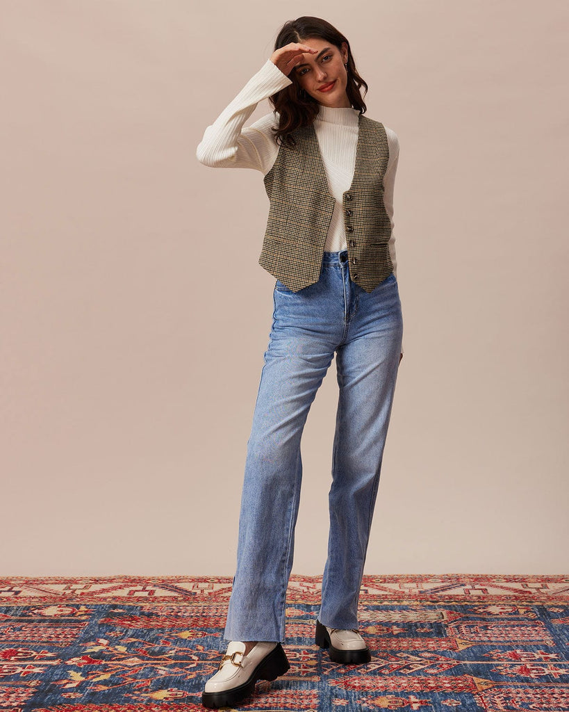 The Khaki V-Neck Houndstooth Vest Tops - RIHOAS