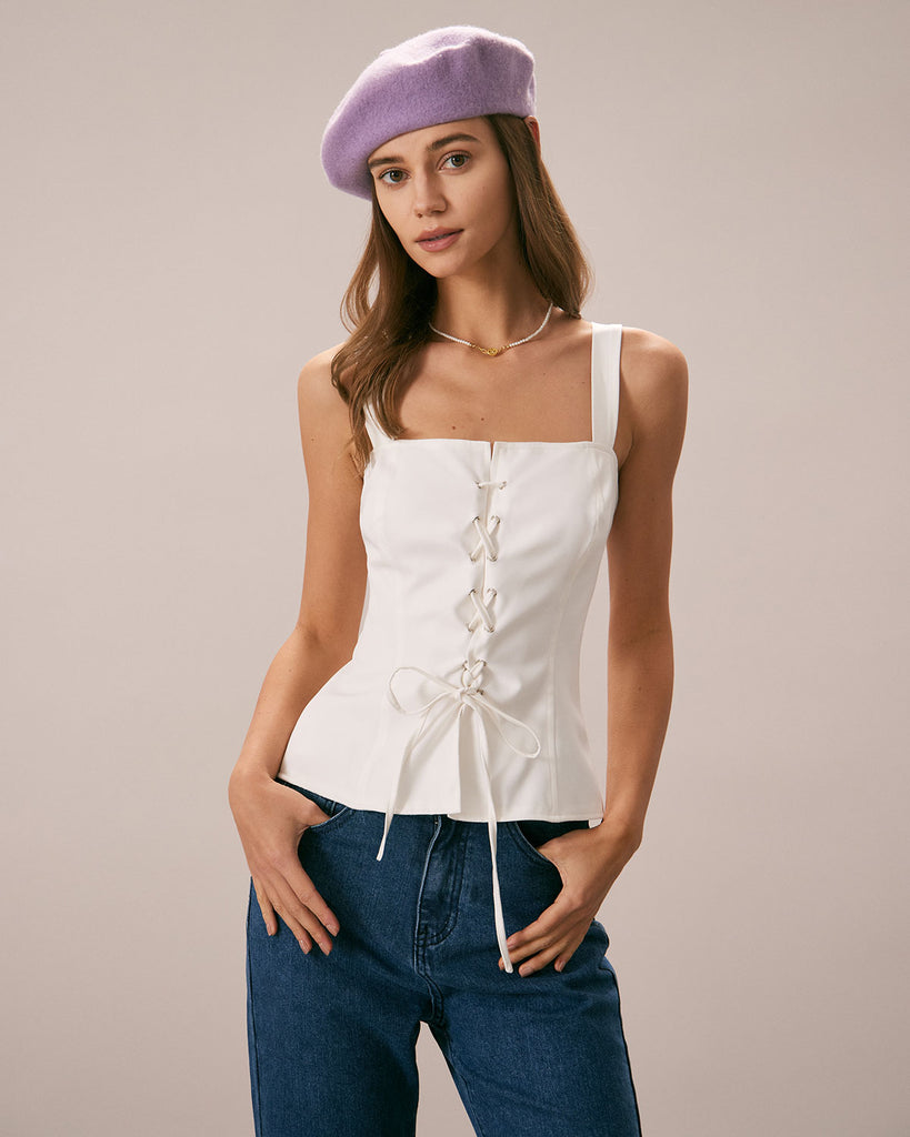 The Lace-Up Front TankTop White Tops - RIHOAS