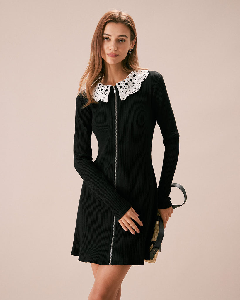 The Lace Collar Ribbed Mini Dress Black Dresses - RIHOAS