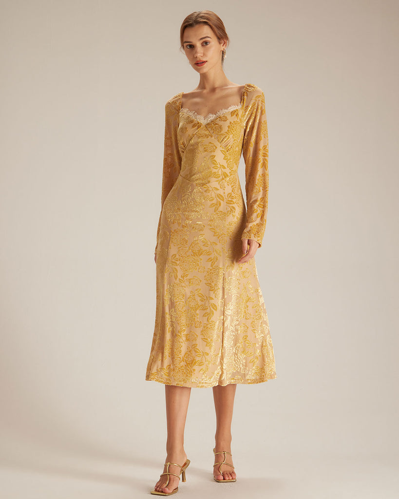 The Lace Trim Burnout Dress Yellow Dresses - RIHOAS