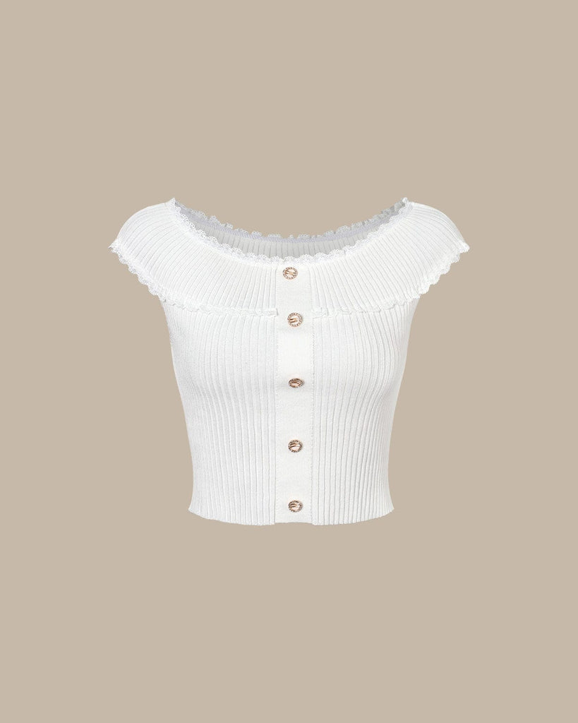 The Lace Trim Off The Shoulder Knit Top White Tops - RIHOAS