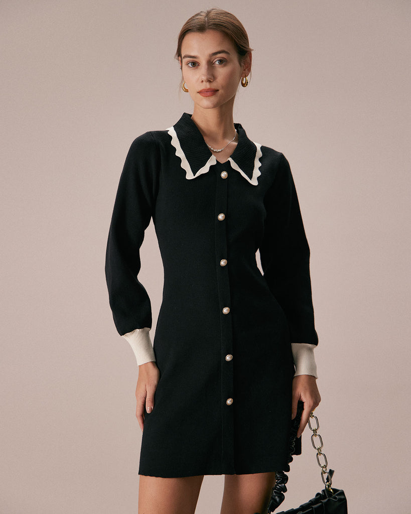 The Lapel A-Line Dress With Pearl Buttons Black Dresses - RIHOAS