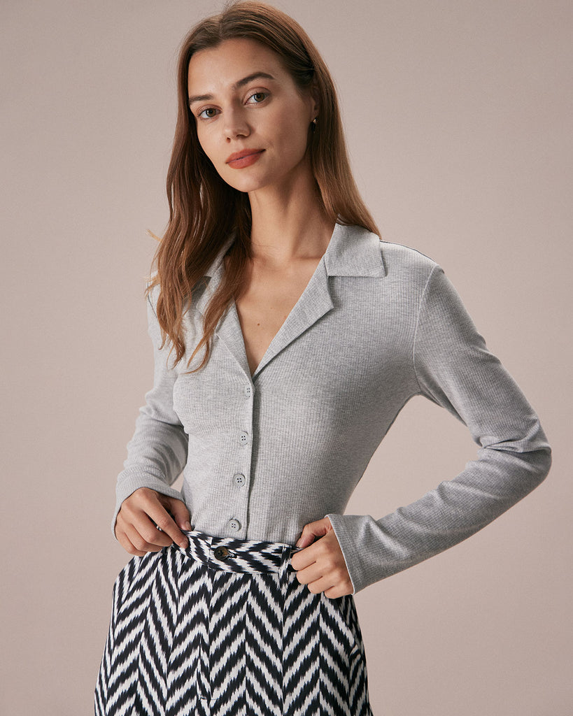 The Lapel Button Down Ribbed Top Grey Tops - RIHOAS