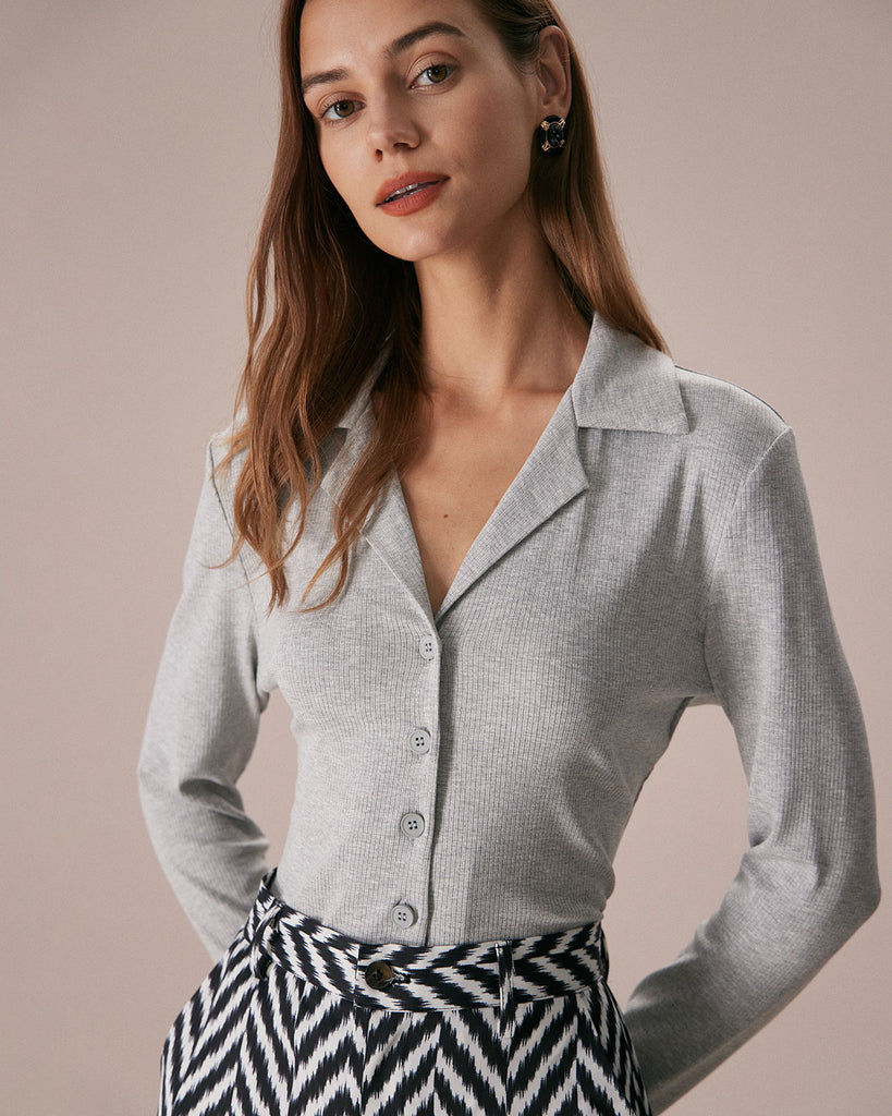 The Lapel Button Down Ribbed Top Tops - RIHOAS