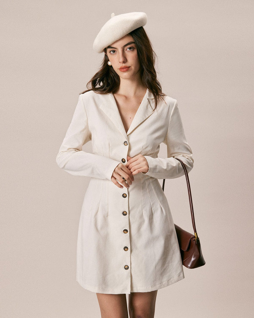 The Lapel Button-up Long Sleeve Dress Beige Dresses - RIHOAS