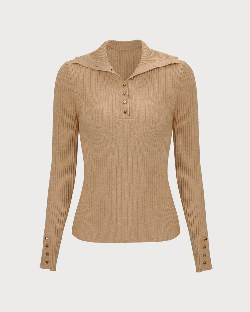 The Lapel Buttoned Knit Top Khaki Tops - RIHOAS