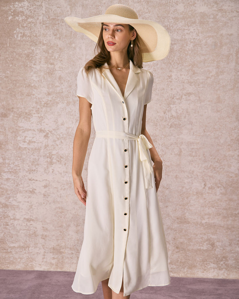 The Lapel Collar Belted Shirt Dress Beige Dresses - RIHOAS