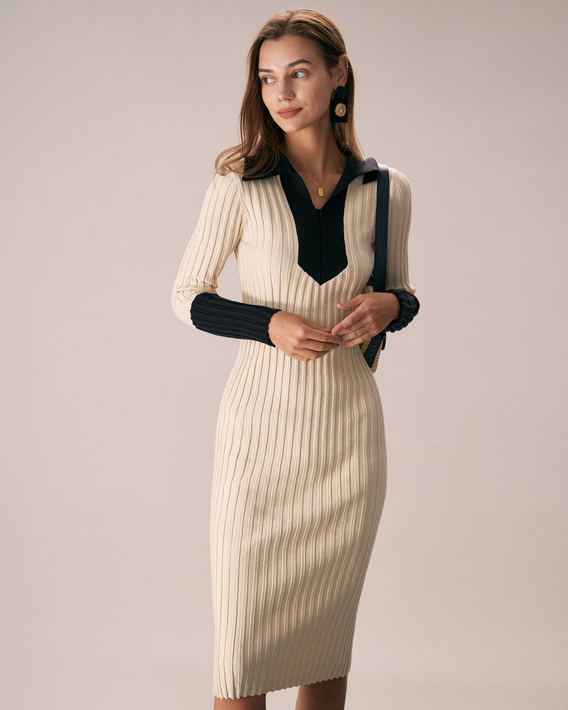 The Lapel Color Block Slim Fit Dress Apricot Dresses - RIHOAS