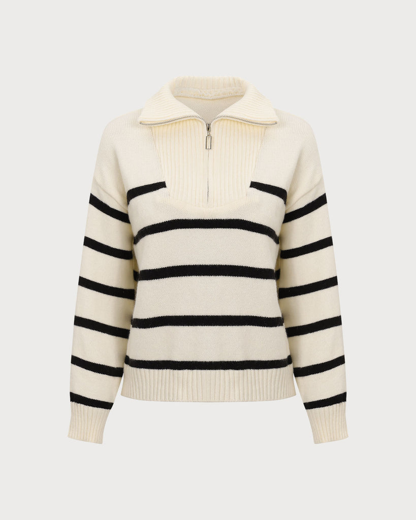 The Lapel Half-Zip Striped Sweater Beige Tops - RIHOAS
