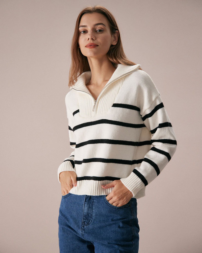 The Lapel Half-Zip Striped Sweater Tops - RIHOAS