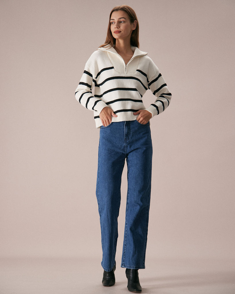 The Lapel Half-Zip Striped Sweater Tops - RIHOAS