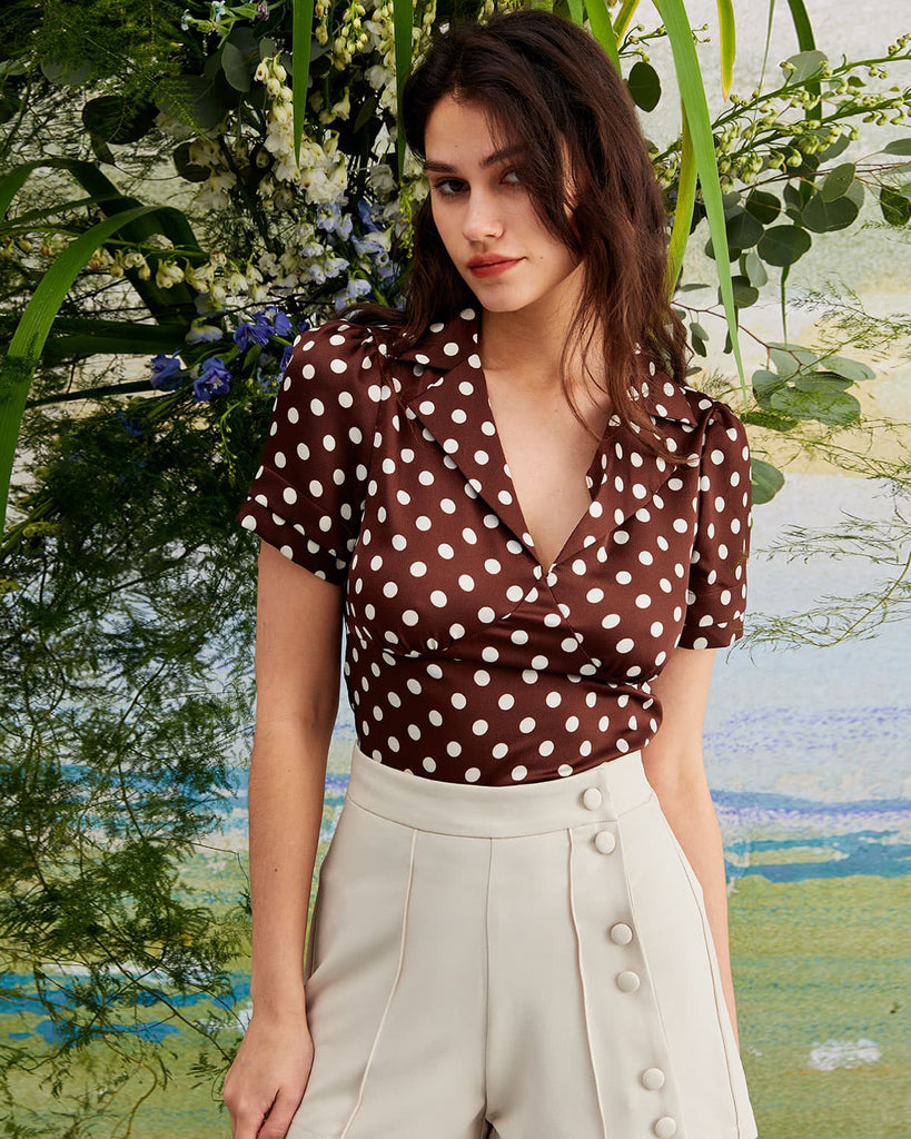 The Lapel Polka Dot Blouse Brown Tops - RIHOAS